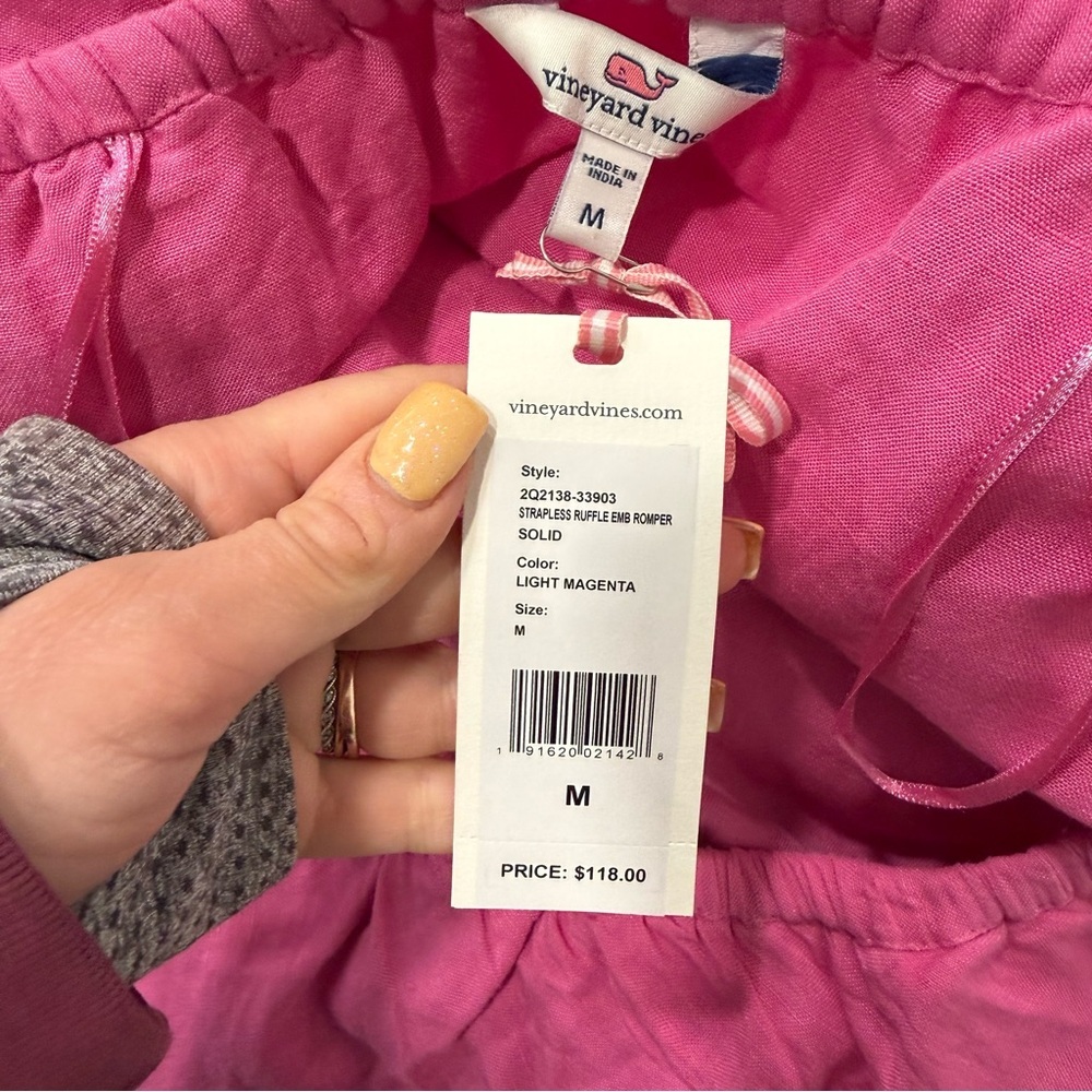Vineyard Vines Light Magenta Strapless Ruffle Embroidered Linen Blend Romper M - Picture 4 of 6